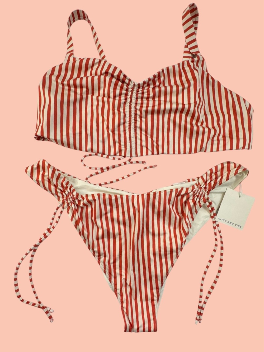 Kitty & Vibe Bikini Set Ruched Tie Top 3X Set  Bottoms 3X1 Lucia Stripe 2 Piece